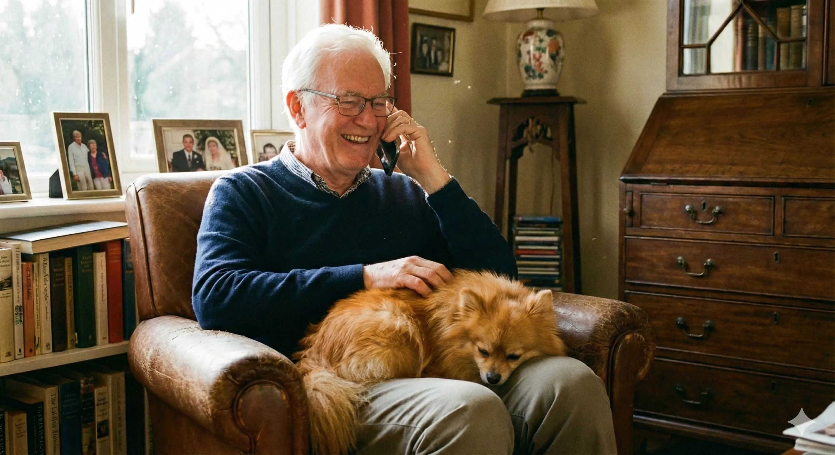 Signore anziano che sorride mentre accarezza il suo cane, evidenziando il legame emotivo.