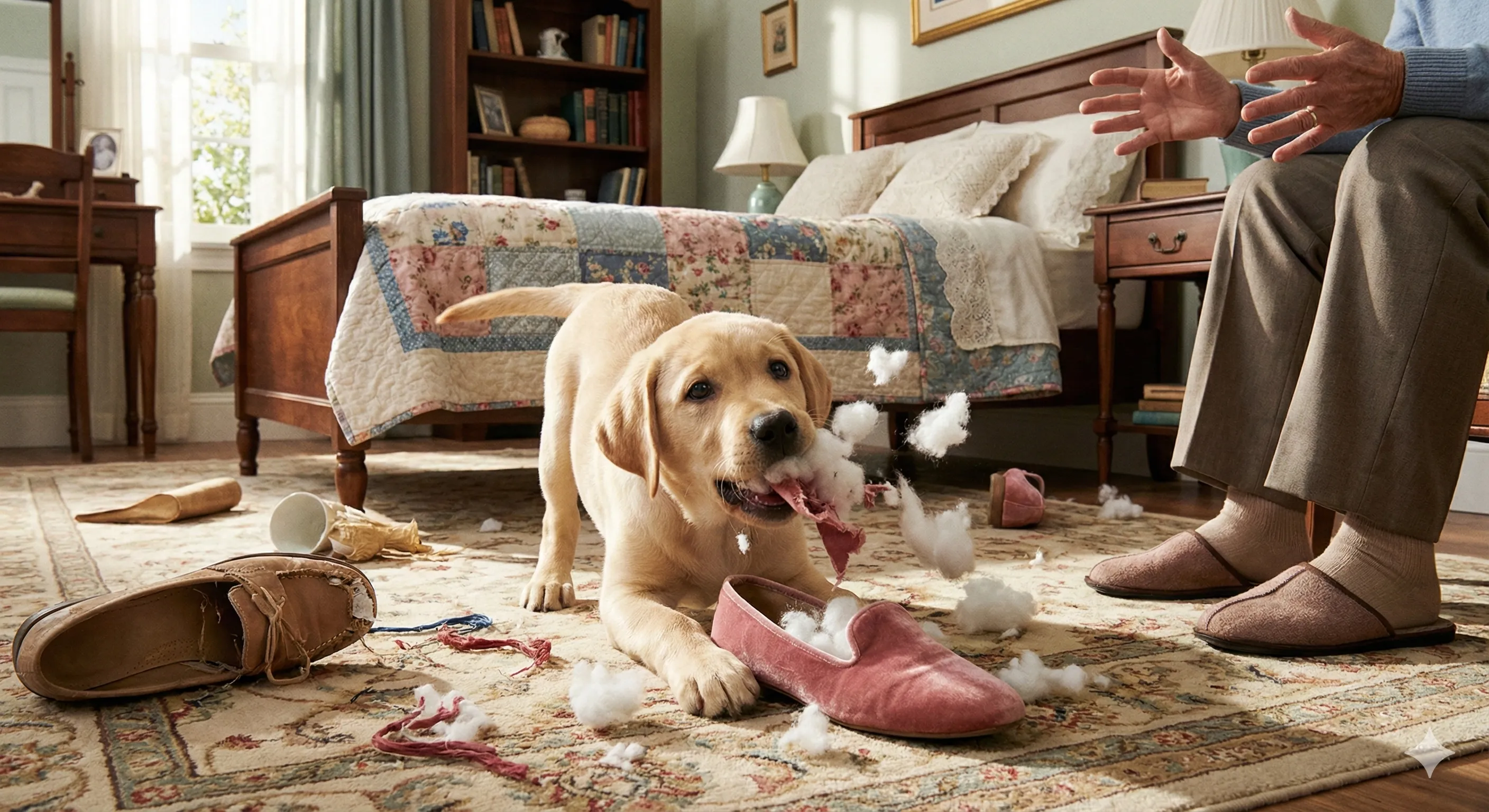 Confronto visivo: l'energia esplosiva del cucciolo contro la calma rassicurante del cane adulto.