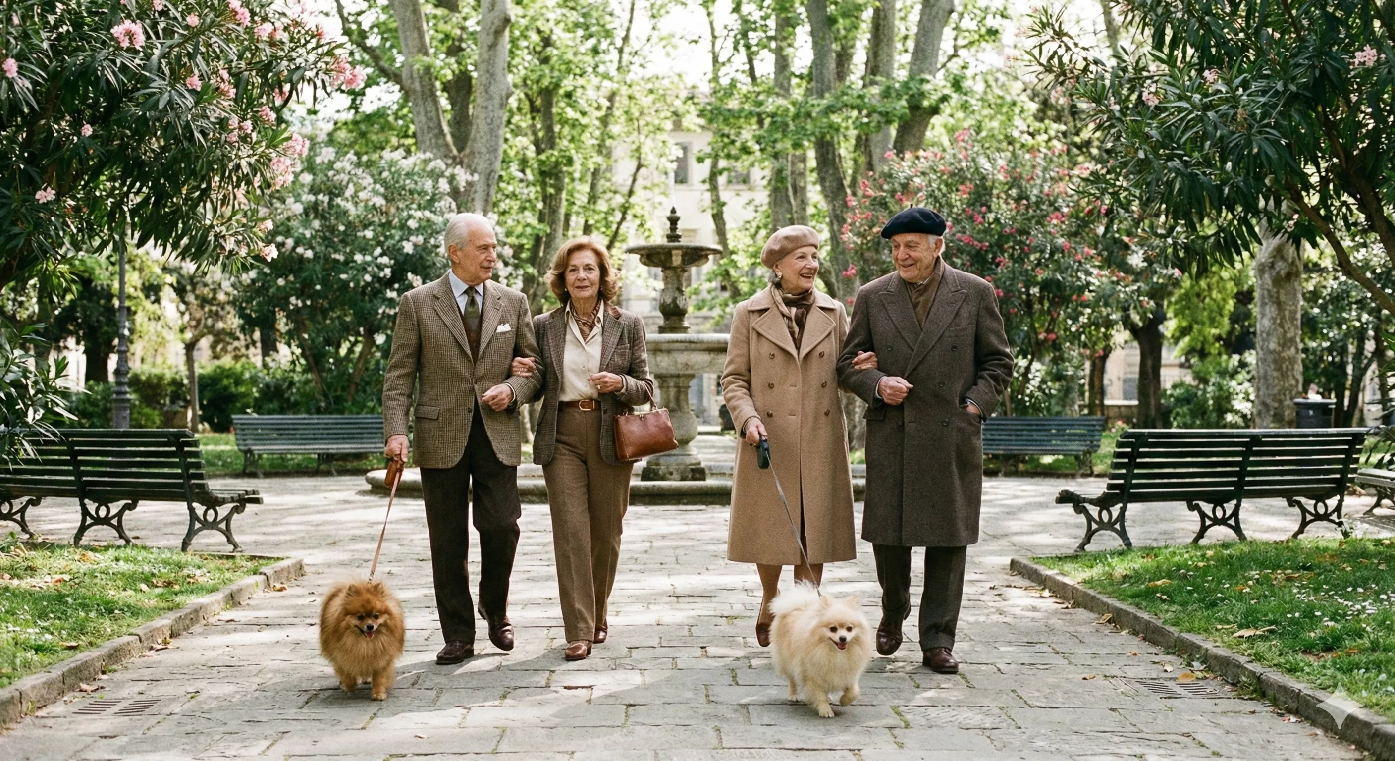 Coppie over 65 che passeggiano in un parco cittadino con il proprio Pomerania.